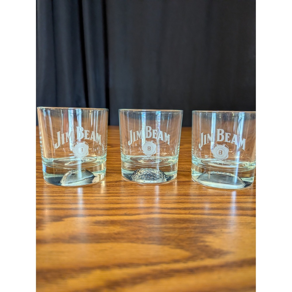 Jim Beam Whiskey Glasses Set-3 Clear 2 Football & Golf Base Etched Logo